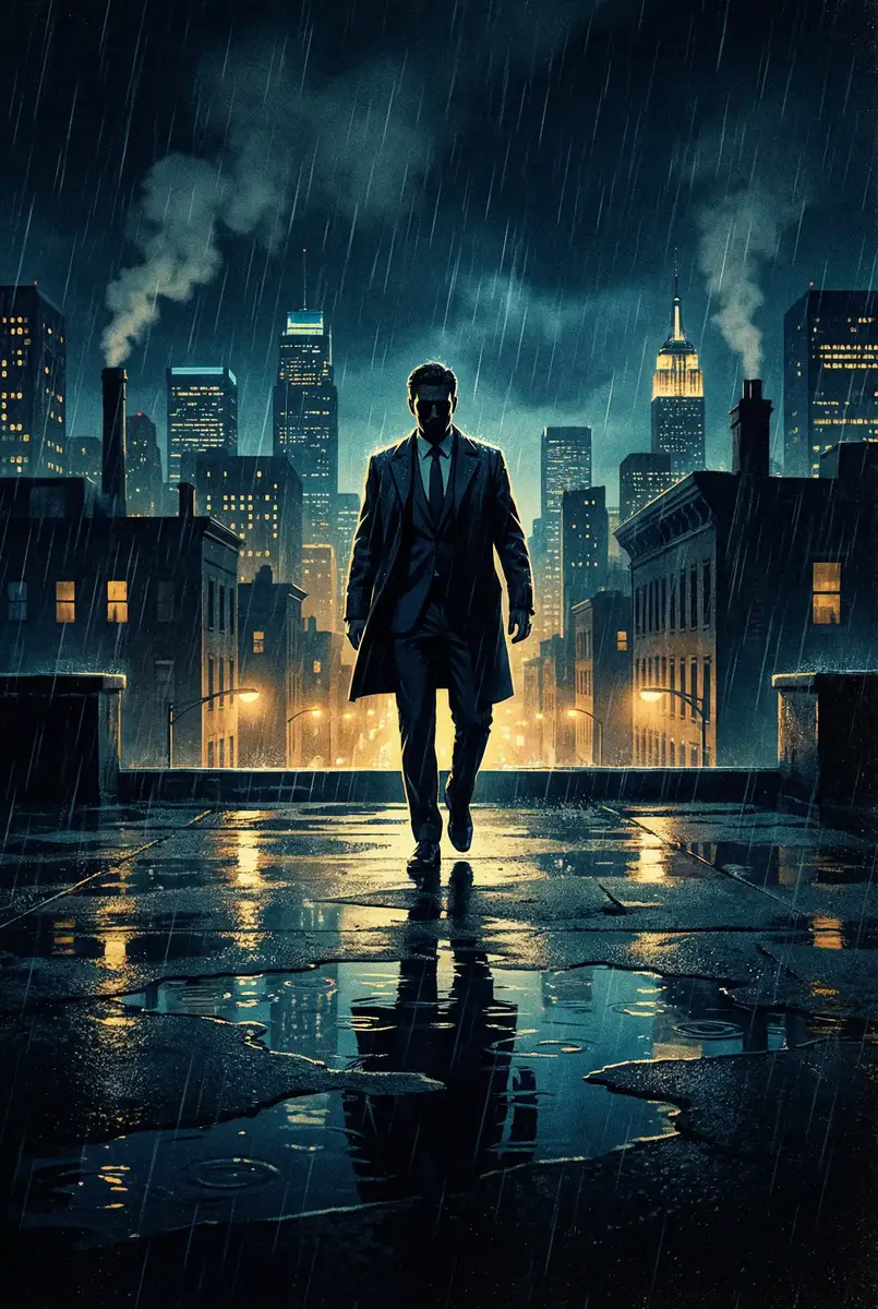 撸撸杜 出品影片《雨夜独行者》海报，雨中城市屋顶男性剪影